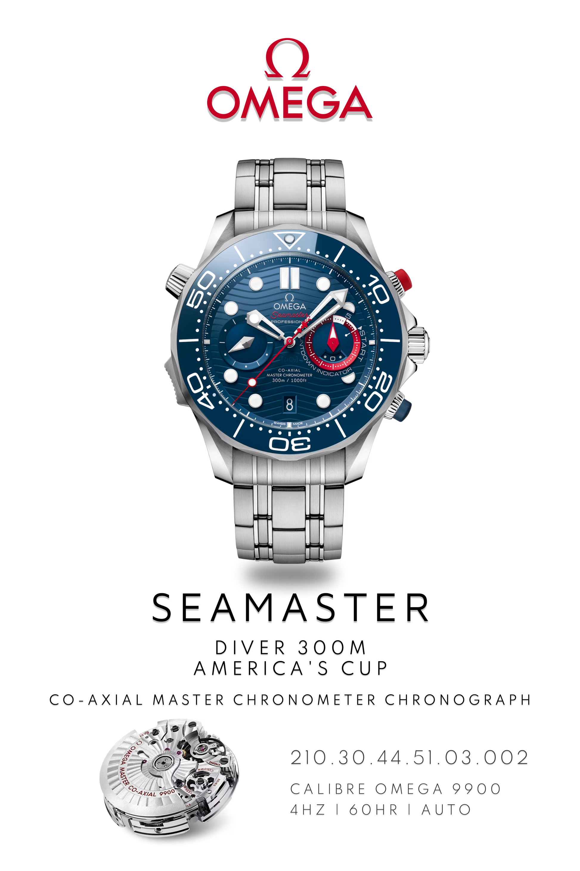 Omega Seamaster Diver 300M watch in stainless steel with blue face and chronograph dials on metal bracelet. Watch Poster shows mechanical movement calibre 9900 and watch details