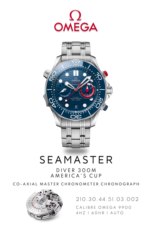 Omega Seamaster Diver 300M watch in stainless steel with blue face and chronograph dials on metal bracelet. Watch Poster shows mechanical movement calibre 9900 and watch details