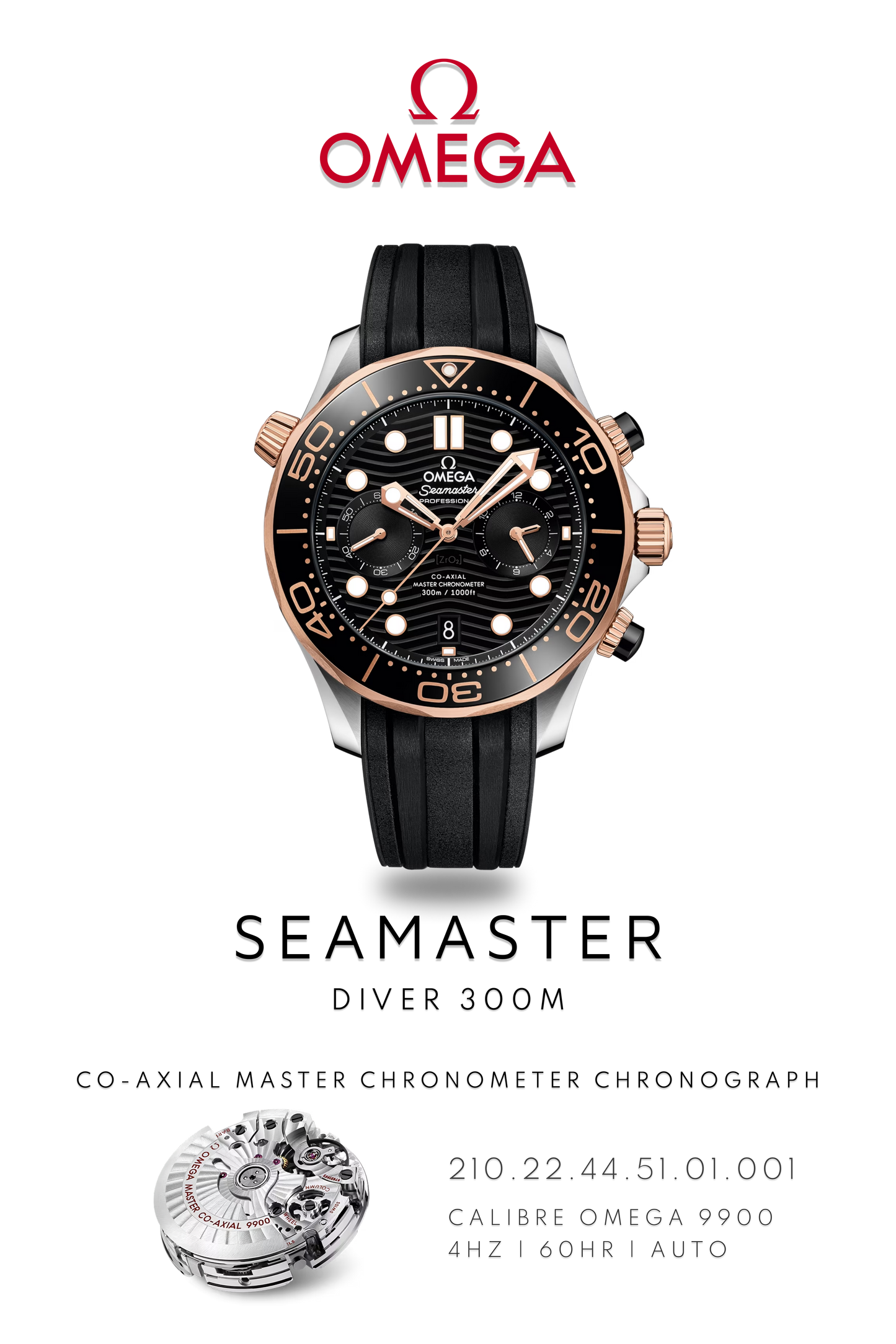 Omega Seamaster Diver 300M watch in gold and stainless steel with rubber bracelet. Watch poster shows mechanical movement calibre 8800 and watch details