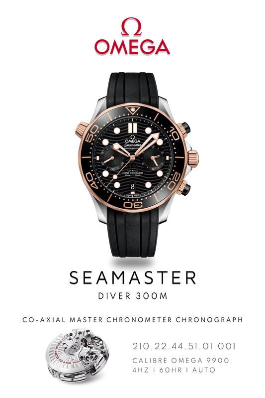 Omega Seamaster Diver 300M watch in gold and stainless steel with rubber bracelet. Watch poster shows mechanical movement calibre 8800 and watch details