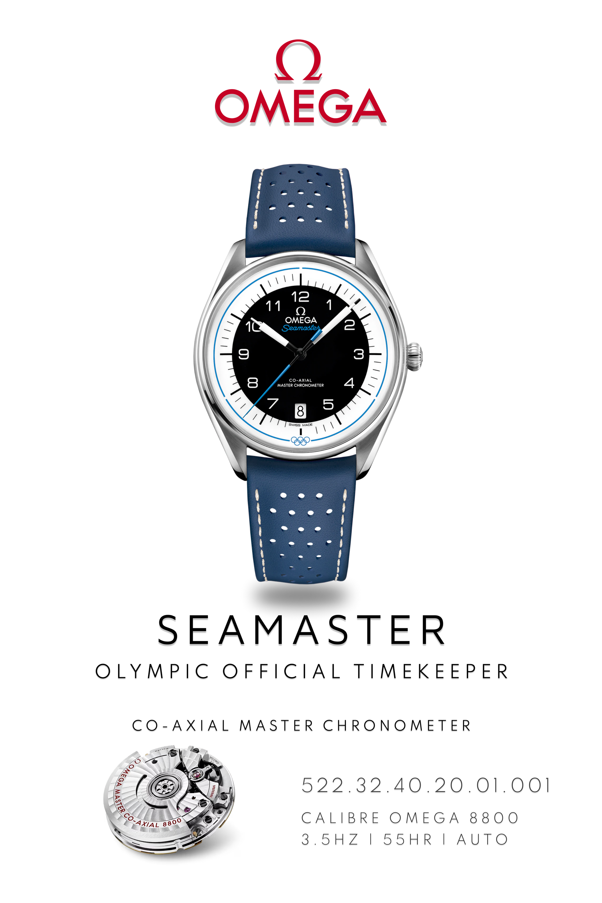 Omega Seamaster watch poster showing, Omega Seamaster Olympic Timekeeper watch, in stainless steel with blue leather strap and black dial above watch movement calibre 8800