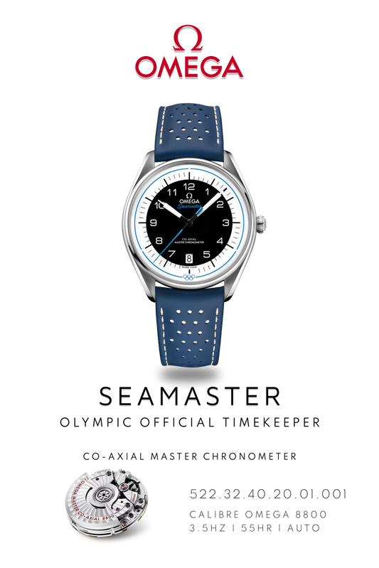 Omega Seamaster watch poster showing, Omega Seamaster Olympic Timekeeper watch, in stainless steel with blue leather strap and black dial above watch movement calibre 8800