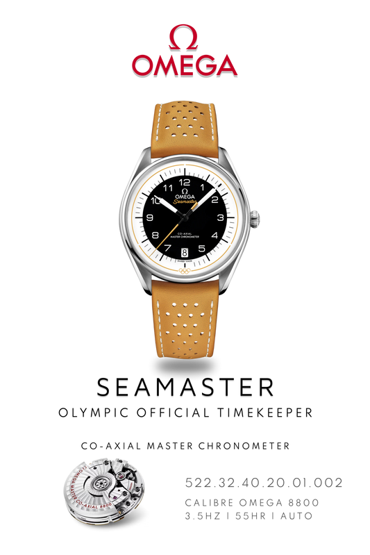 Omega Seamaster watch poster showing, Omega Seamaster Olympic Timekeeper watch, in stainless steel with brown leather strap and black dial above watch movement calibre 8800