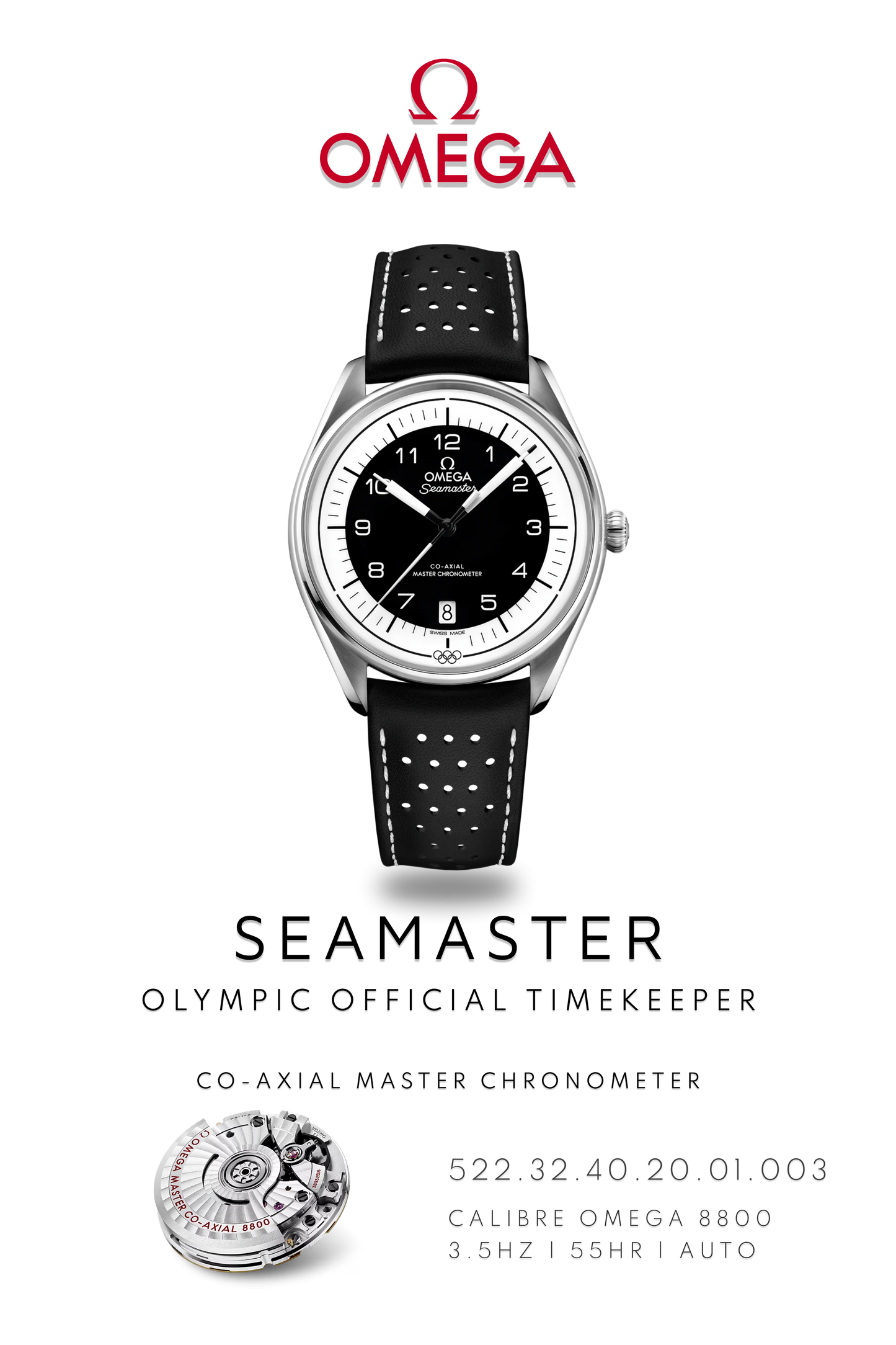 Omega Seamaster watch poster showing, Omega Seamaster Olympic Timekeeper watch, in stainless steel with black leather strap and black dial above watch movement calibre 8800