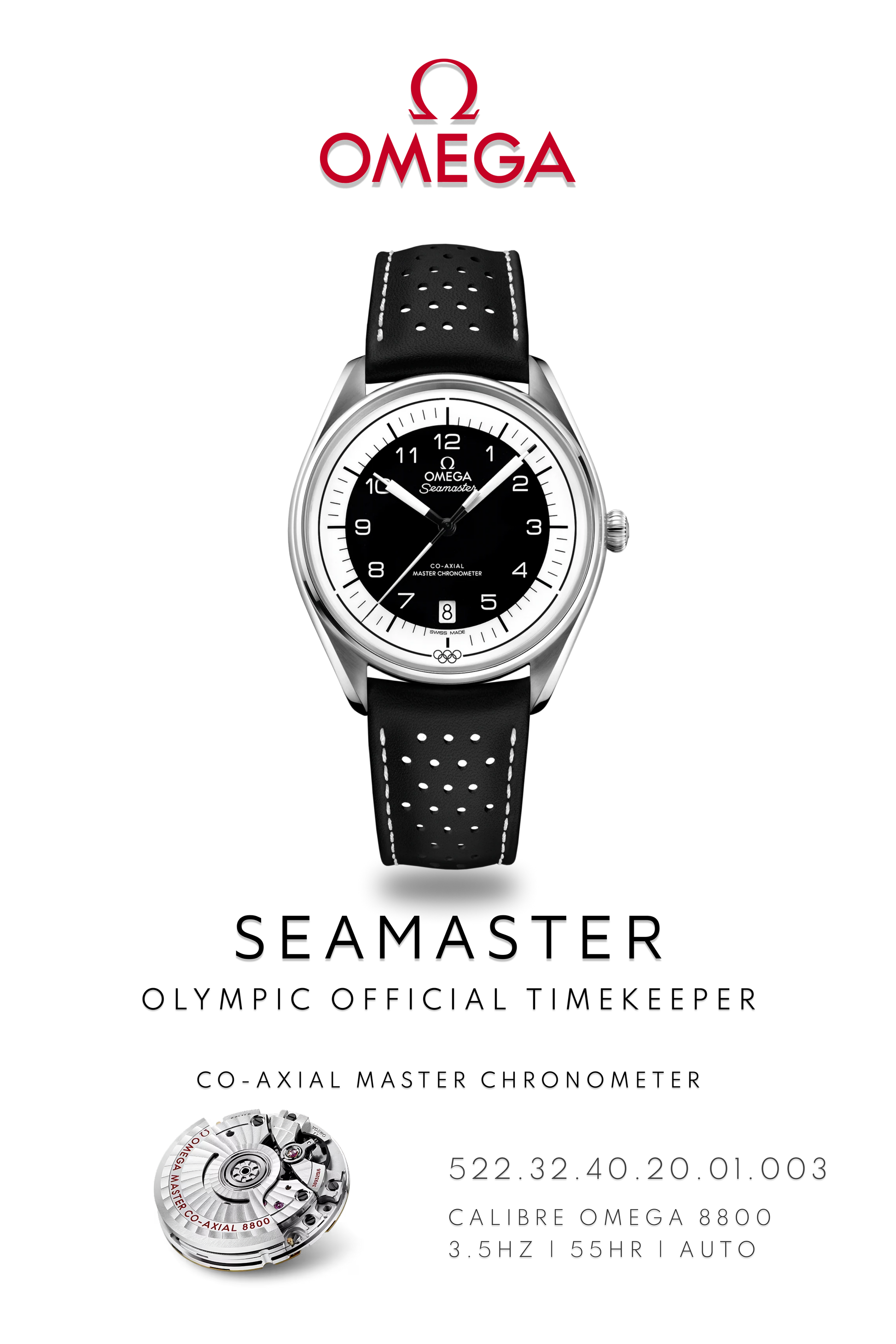 Omega Seamaster watch poster showing, Omega Seamaster Olympic Timekeeper watch, in stainless steel with black leather strap and black dial above watch movement calibre 8800