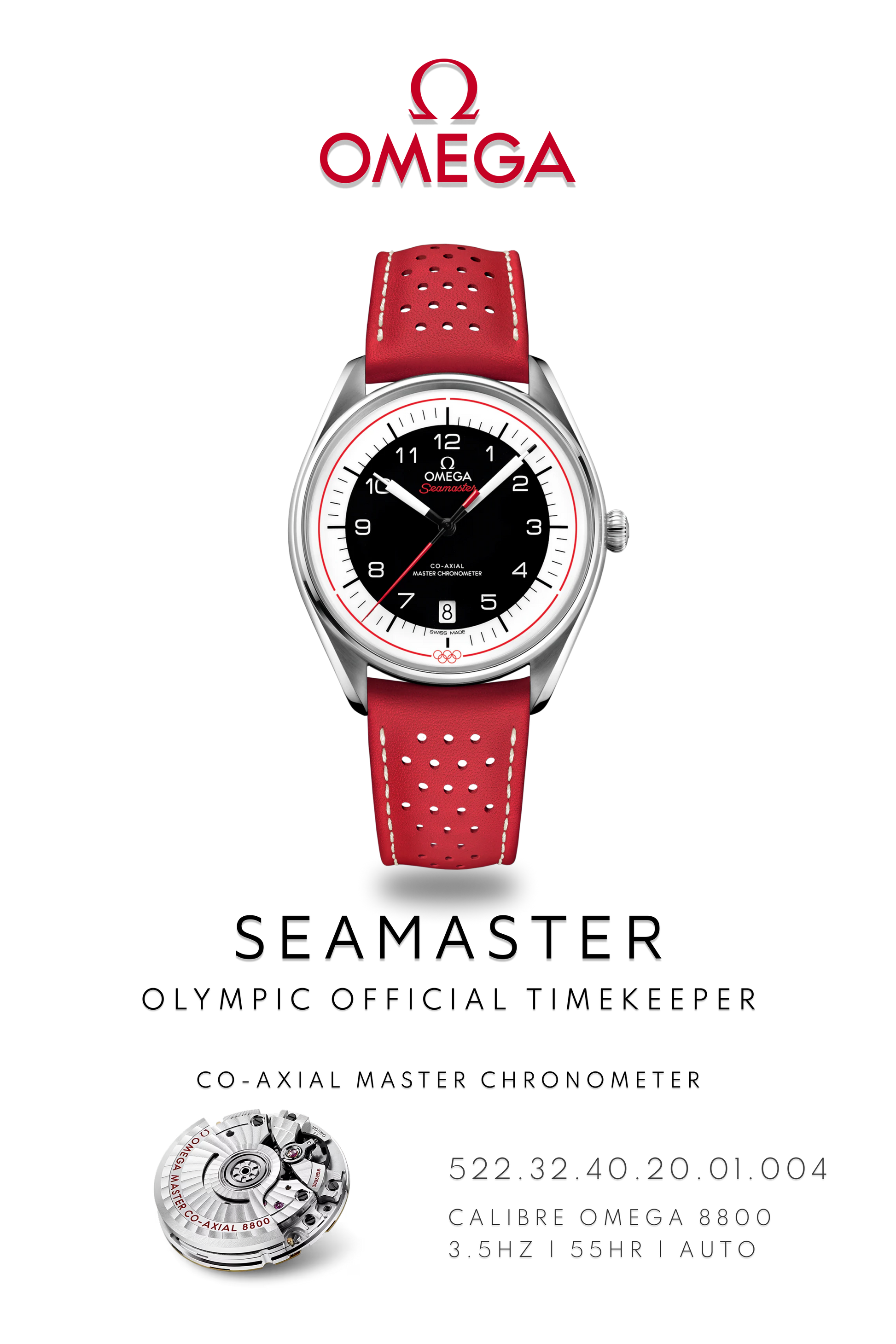 Omega Seamaster watch poster showing, Omega Seamaster Olympic Timekeeper watch, in stainless steel with red leather strap and black dial above watch movement calibre 8800