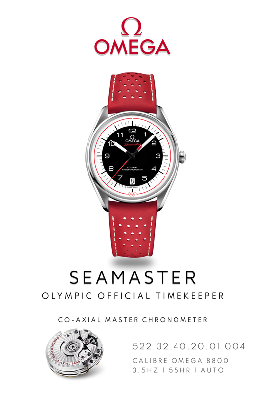 Omega Seamaster watch poster showing, Omega Seamaster Olympic Timekeeper watch, in stainless steel with red leather strap and black dial above watch movement calibre 8800