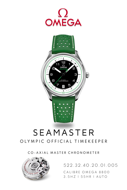 Omega Seamaster watch poster showing, Omega Seamaster Olympic Timekeeper watch, in stainless steel with green leather strap and black dial above watch movement calibre 8800