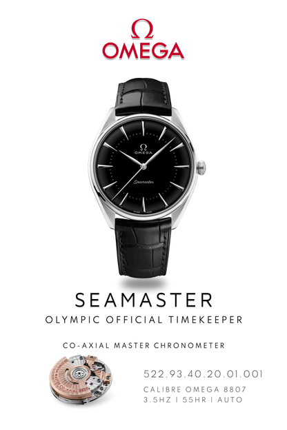 Omega Seamaster watch poster showing, Omega Seamaster Olympic Timekeeper watch, in platinum with black leather strap and black dial above watch movement calibre 8807 