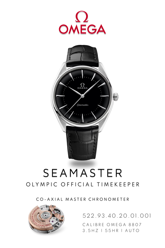 Omega Seamaster watch poster showing, Omega Seamaster Olympic Timekeeper watch, in platinum with black leather strap and black dial above watch movement calibre 8807 