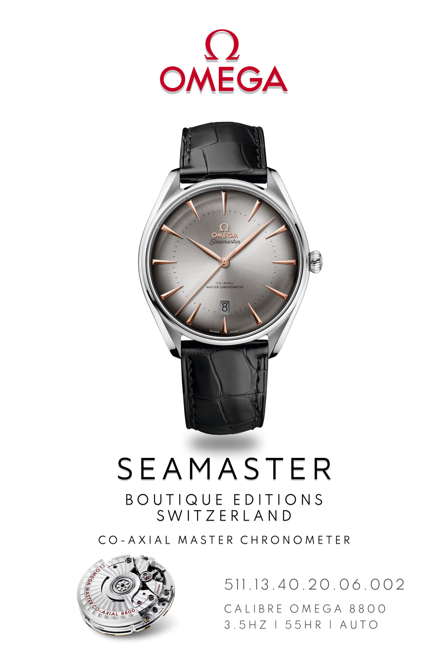 Omega Seamaster watch poster of, Omega Seamaster Boutique Switzerland watch, in stainless steel with black leather strap above watch movement calibre 8800