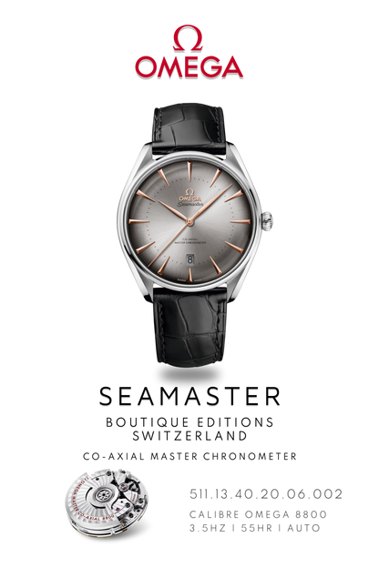 Omega Seamaster watch poster of, Omega Seamaster Boutique Switzerland watch, in stainless steel with black leather strap above watch movement calibre 8800