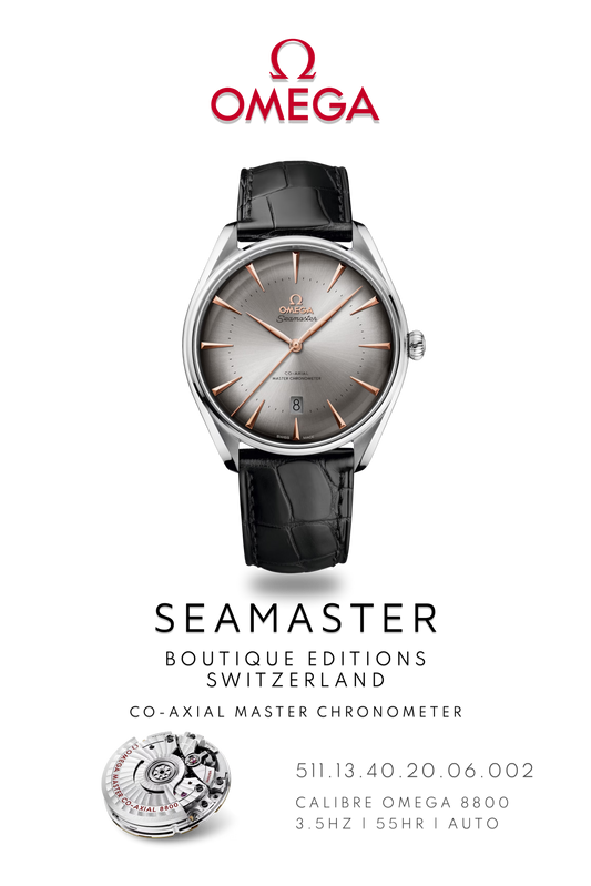 Omega Seamaster watch poster of, Omega Seamaster Boutique Switzerland watch, in stainless steel with black leather strap above watch movement calibre 8800