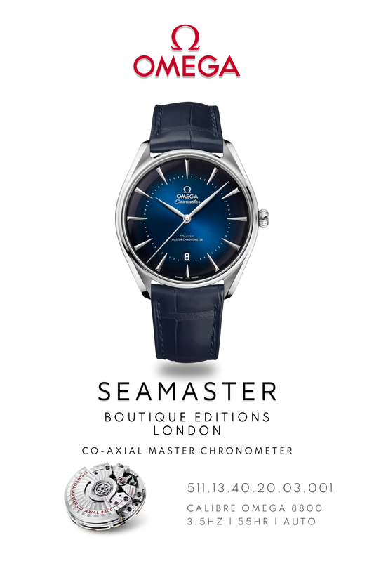 Omega Seamaster watch poster of, Omega Seamaster Boutique London watch, in stainless steel with blue leather strap above watch movement calibre 8800