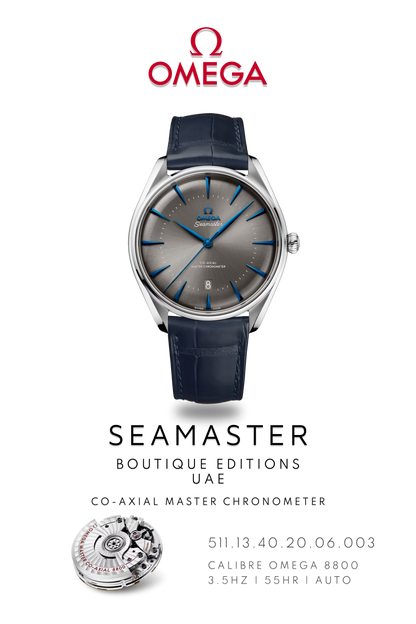 Omega Seamaster watch poster of, Omega Seamaster Boutique UAE watch, in stainless steel with blue leather strap above watch movement calibre 8800