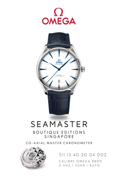 Omega Seamaster watch poster of, Omega Seamaster Boutique Singapore watch, in stainless steel with blue leather strap above watch movement calibre 8800