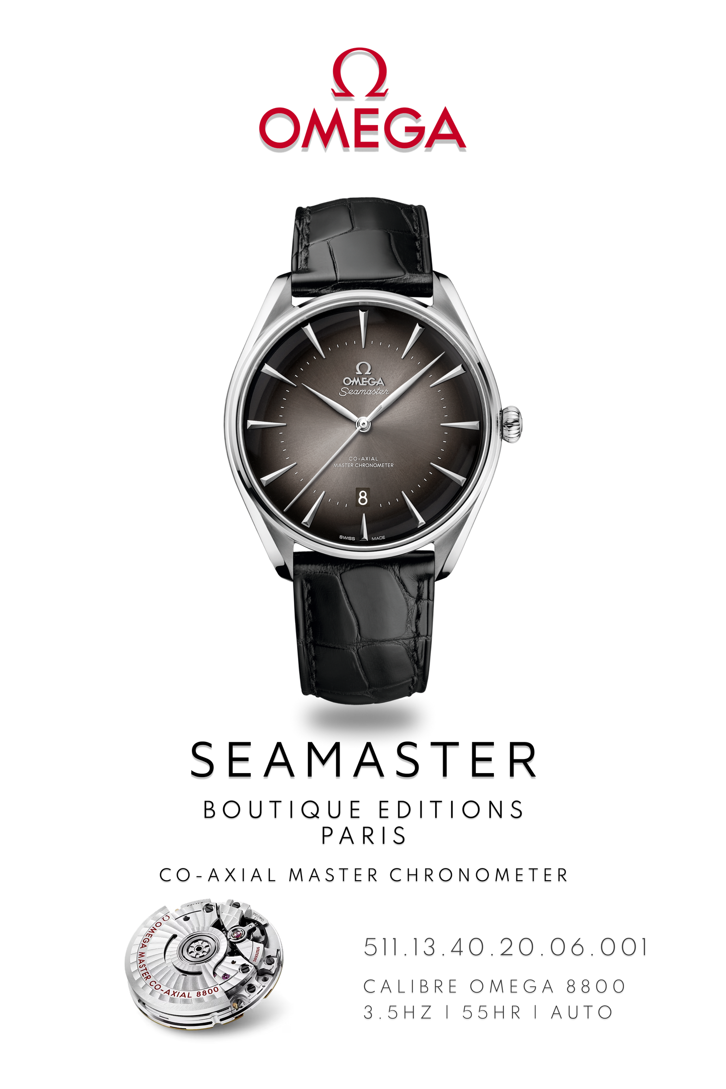 Omega Seamaster watch poster of, Omega Seamaster Boutique Paris watch, in stainless steel with black leather strap above watch movement calibre 8800