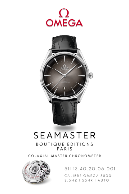 Omega Seamaster watch poster of, Omega Seamaster Boutique Paris watch, in stainless steel with black leather strap above watch movement calibre 8800