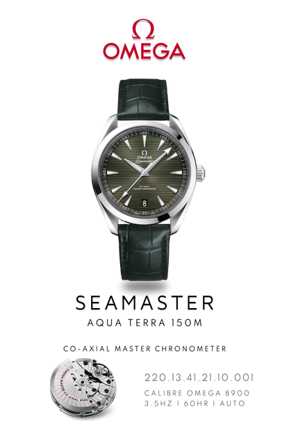 Omega Seamaster watch poster showing, Omega Seamaster Aqua Terra 150M watch, in stainless steel with black leather strap above watch movement calibre 8900