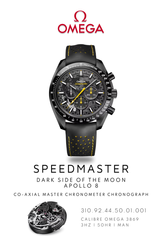 Omega Speedmaster Apollo 8 Dark Side of the Moon watch with black face, black strap. Displayed alongside exposed watch movement calibre 3869.