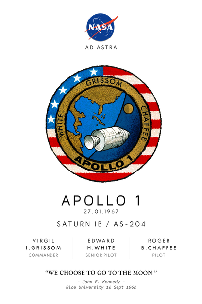 Nasa Apollo Program poster showing Apollo 1 mission badge, mission launch date, rocket details and astronauts names and roles