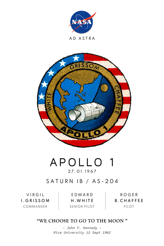 Nasa Apollo Program poster showing Apollo 1 mission badge, mission launch date, rocket details and astronauts names and roles