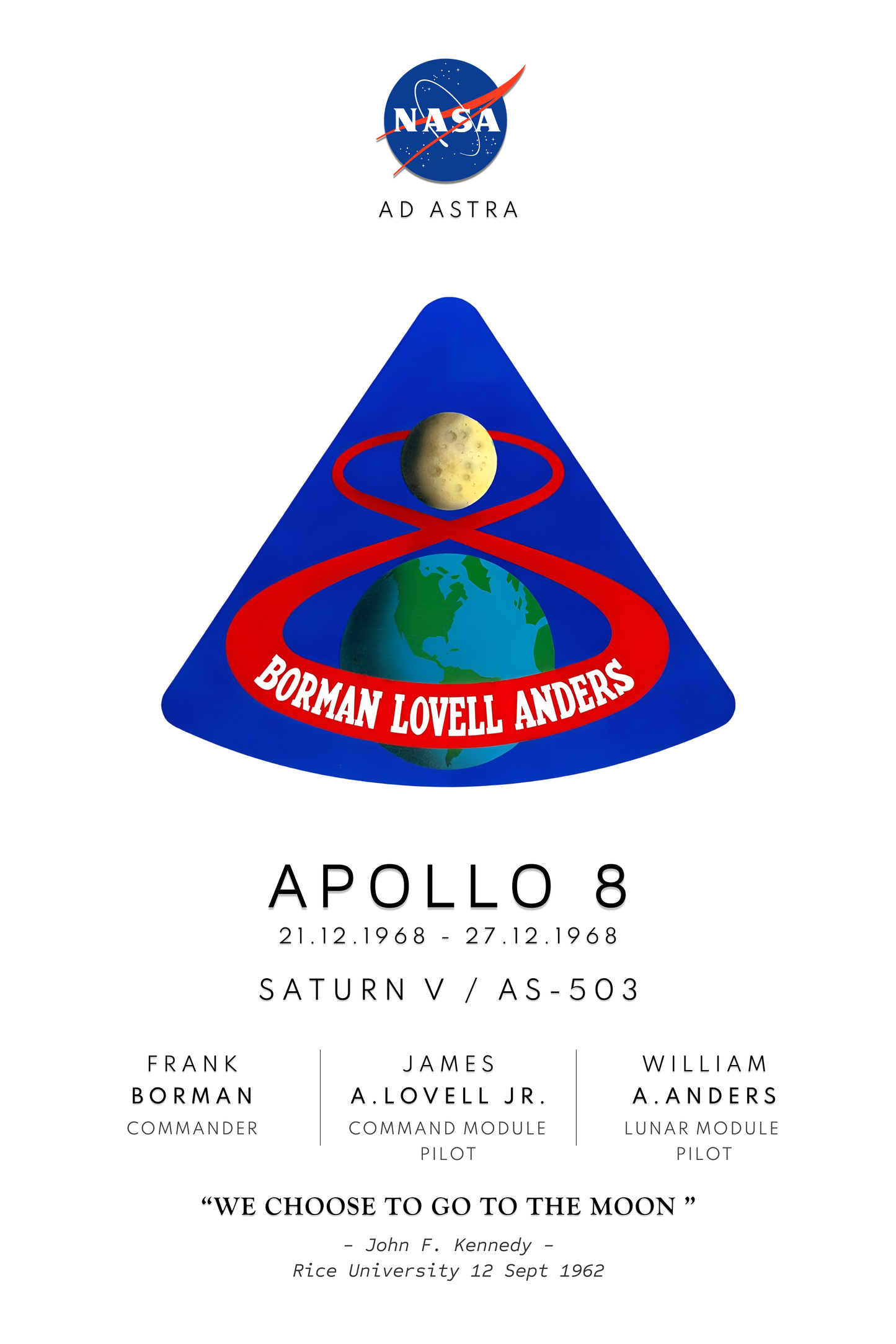 Nasa Apollo Program poster showing Apollo 8 mission badge, mission launch date, rocket details and astronauts names and roles