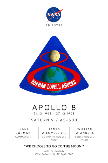 Nasa Apollo Program poster showing Apollo 8 mission badge, mission launch date, rocket details and astronauts names and roles