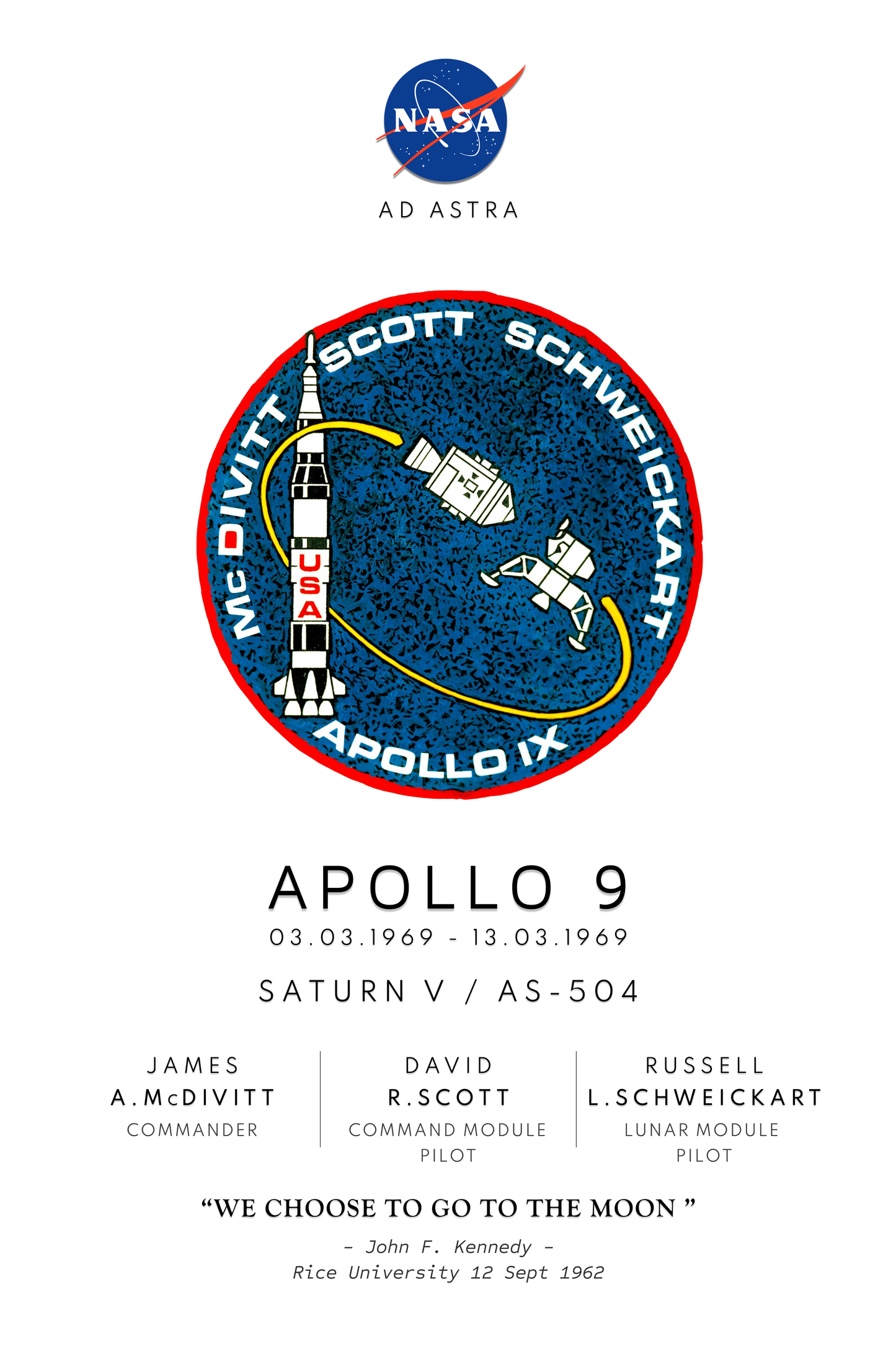 Nasa Apollo Program poster showing Apollo 9 mission badge, mission launch date, Saturn v rocket details and astronauts names and roles