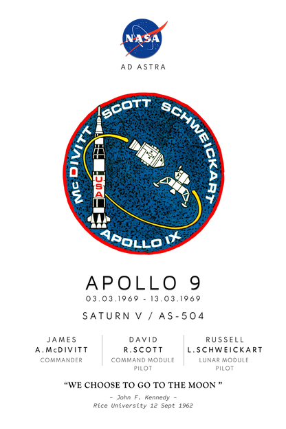 Nasa Apollo Program poster showing Apollo 9 mission badge, mission launch date, Saturn v rocket details and astronauts names and roles