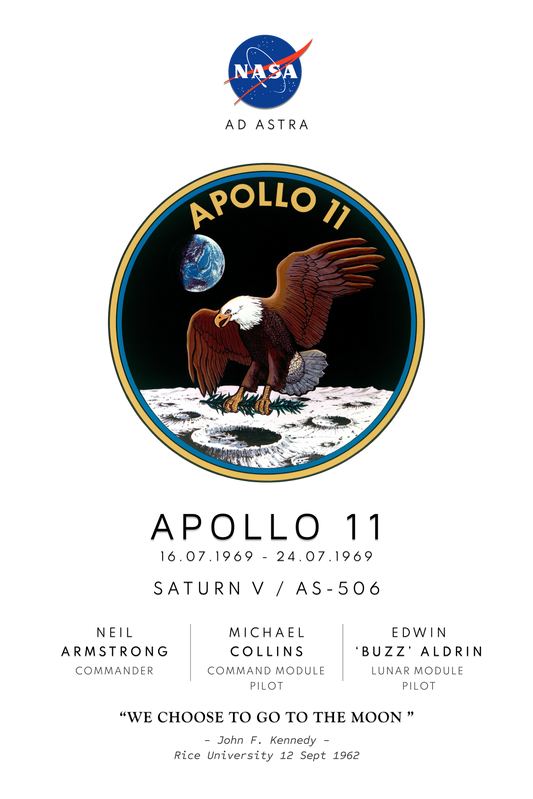 Nasa Apollo Program Moon Landing poster showing Apollo 11 mission badge, mission launch date, Saturn v rocket details and astronauts names and roles