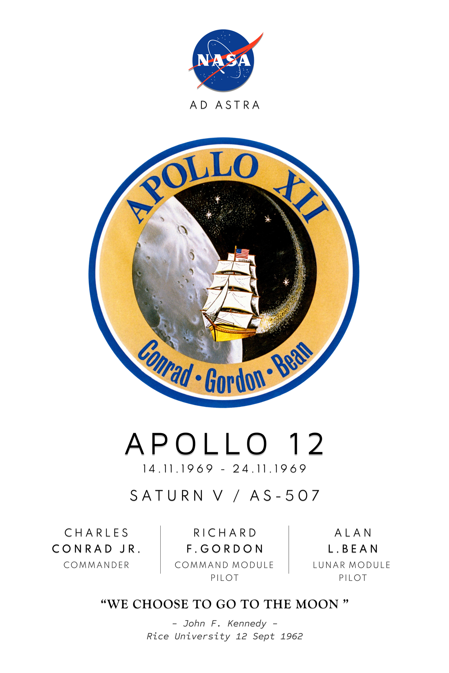 Nasa Apollo Program Moon Landing poster showing Apollo 12 mission badge, mission launch date, Saturn v rocket details and astronauts names and roles