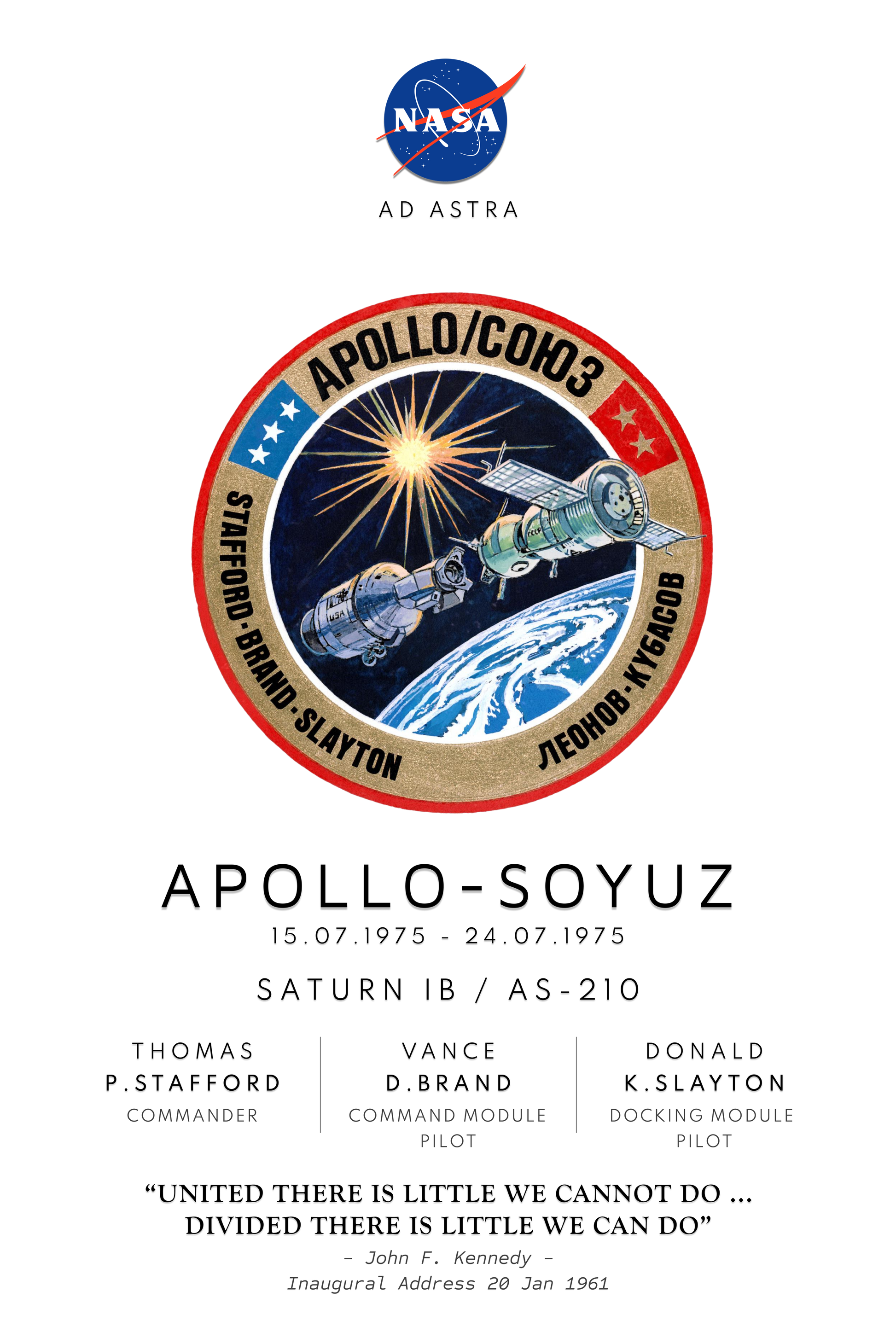 Nasa Apollo Program poster showing Apollo Soyuz mission badge, mission launch date, Saturn rocket details and astronauts names and roles