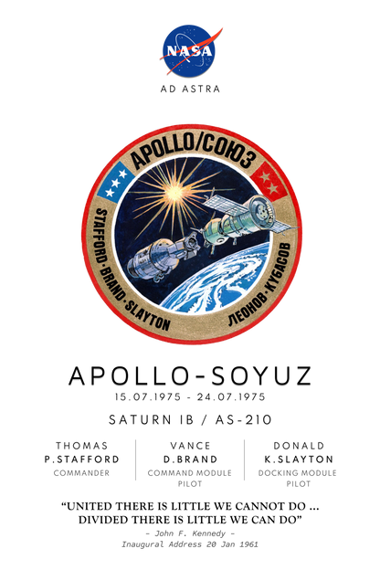 Nasa Apollo Program poster showing Apollo Soyuz mission badge, mission launch date, Saturn rocket details and astronauts names and roles