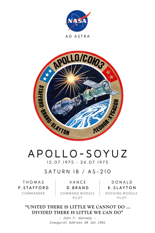 Nasa Apollo Program poster showing Apollo Soyuz mission badge, mission launch date, Saturn rocket details and astronauts names and roles