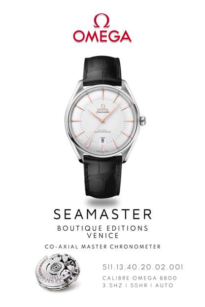 Omega Seamaster watch poster of, Omega Seamaster Boutique Venice watch, in stainless steel with black leather strap above watch movement calibre 8800