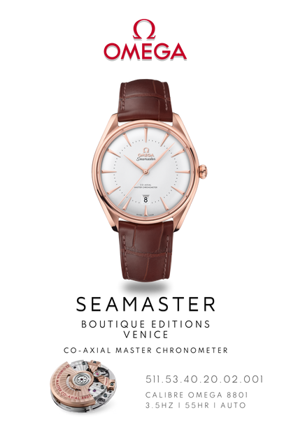 Omega Seamaster watch poster of, Omega Seamaster Boutique Venice watch, in rose gold with brown leather strap above watch movement calibre 8801