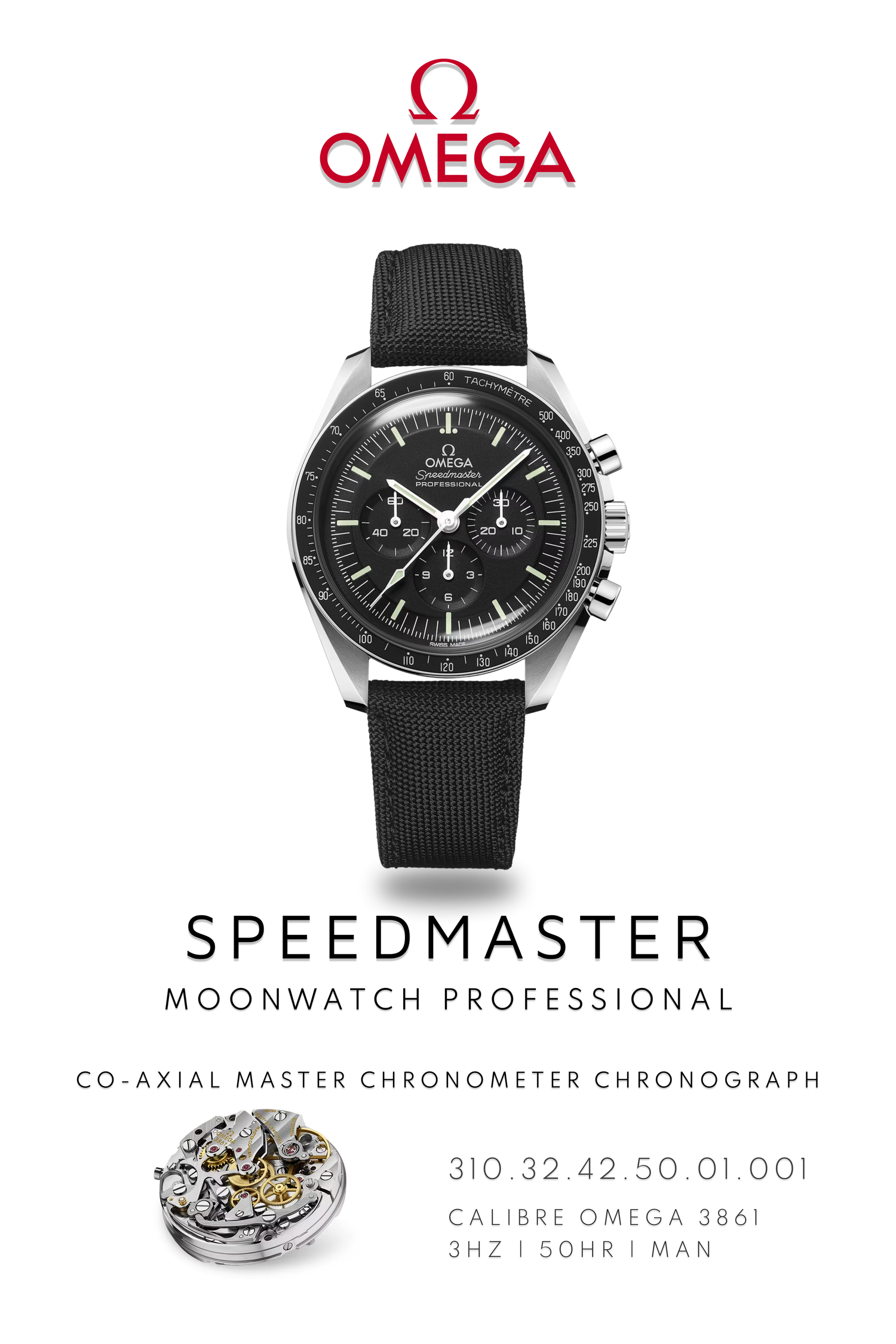 Omega Speedmaster watch poster showcasing moon landing watch with black dial and Calibre 3861 movement.