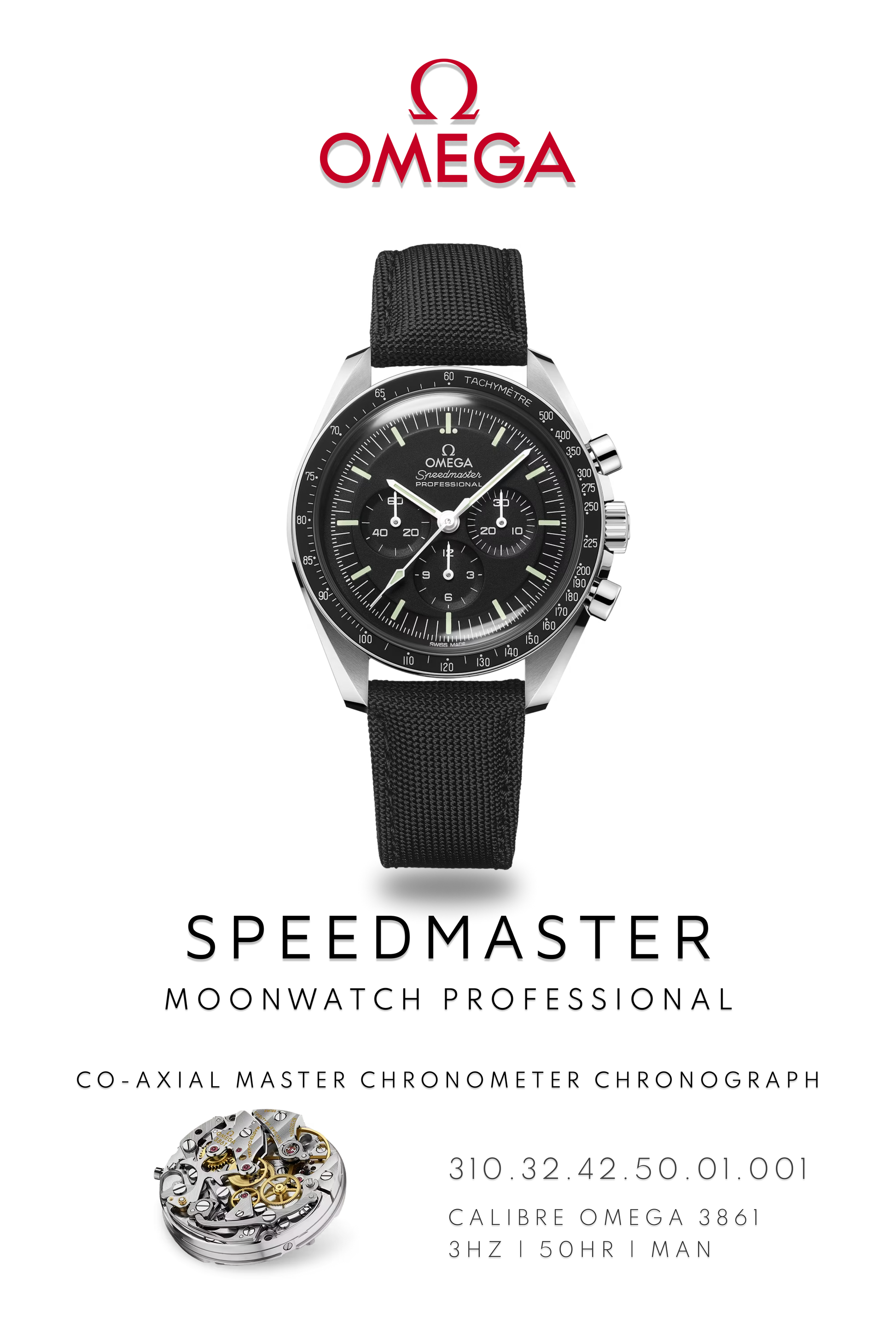 Omega Speedmaster watch poster showcasing moon landing watch with black dial and Calibre 3861 movement.