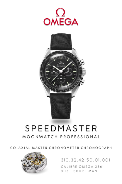 Omega Speedmaster watch poster showcasing moon landing watch with black dial and Calibre 3861 movement.