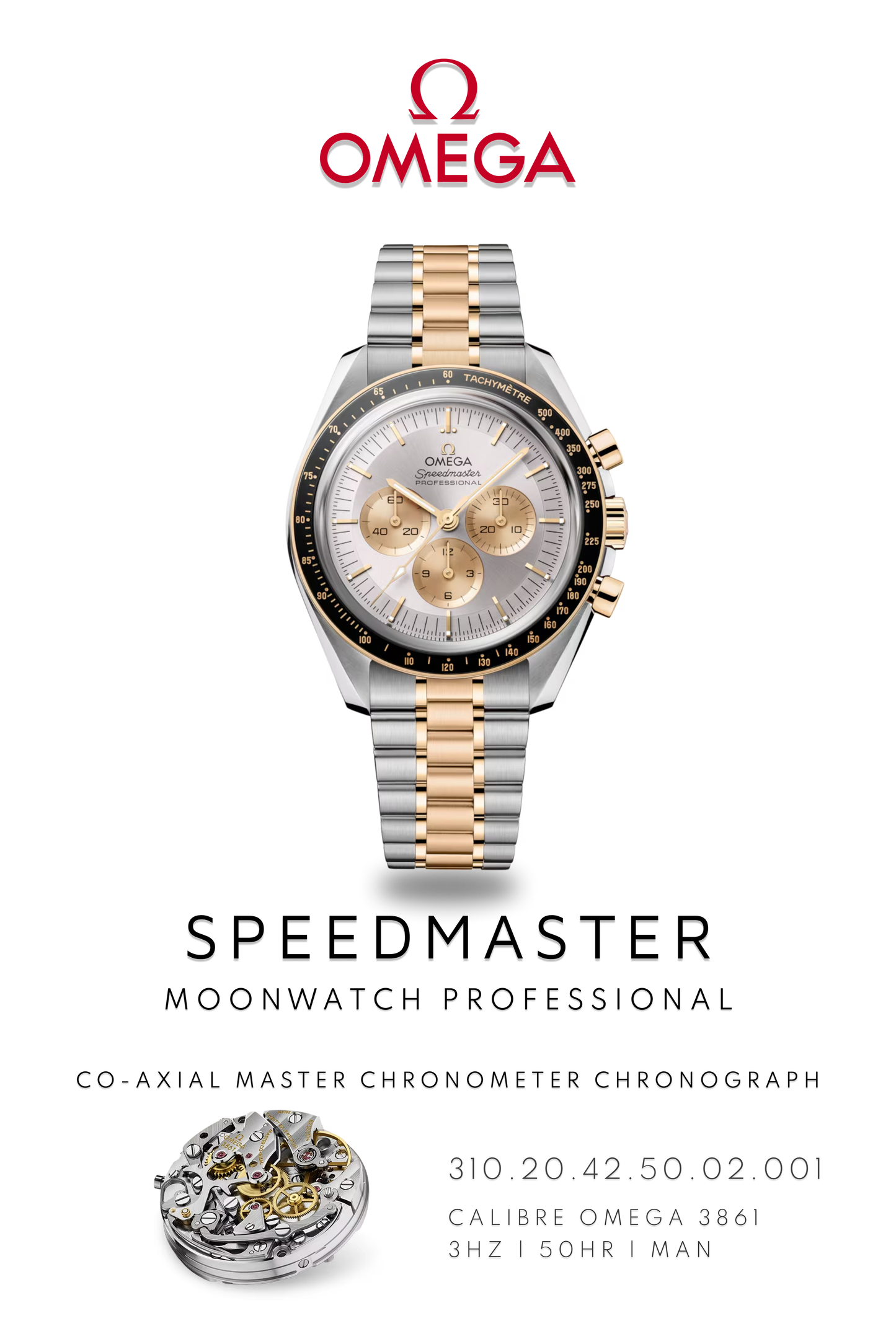 Omega Speedmaster moonwatch watch poster showcasing moon landing watch in gold and steel with Calibre 3861 movement.