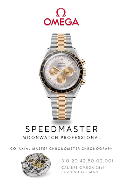 Omega Speedmaster moonwatch watch poster showcasing moon landing watch in gold and steel with Calibre 3861 movement.