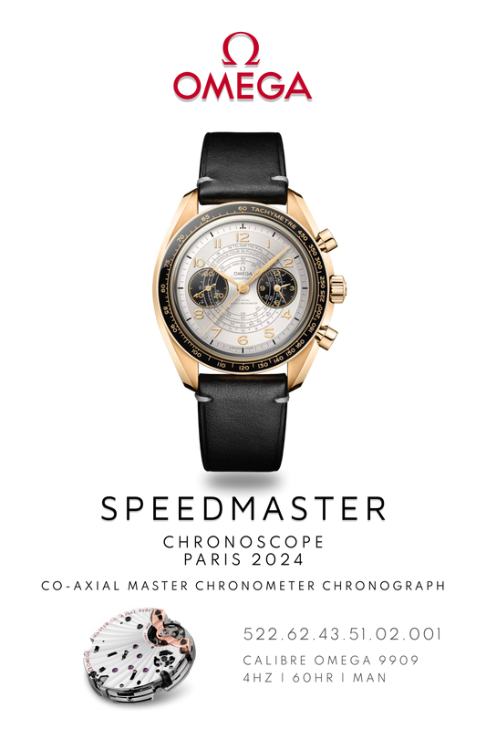 Gold Omega Speedmaster Chronoscope watch on black leather strap. Display shows dual chronograph dials. Logo at the top and movement calibre 9909 details on bottom.