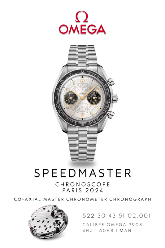 Stainless steel Omega Speedmaster Chronoscope watch on steel metal bracelet. Display shows dual chronograph dials. Logo at the top and movement calibre 9908 details on bottom.