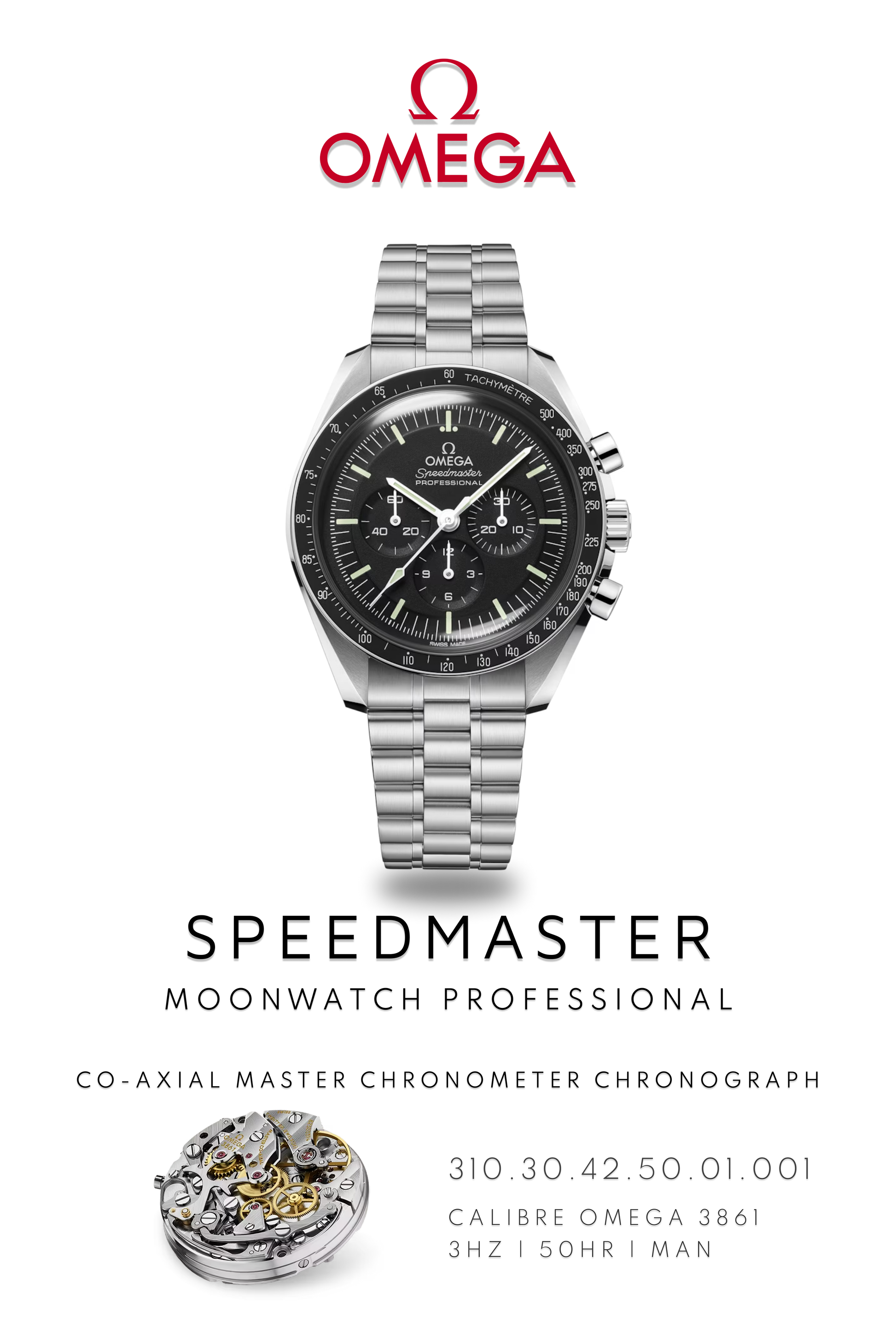 Omega Speedmaster stainless steel watch poster showcasing moon landing watch on steel bracelet and Calibre 3861 movement.