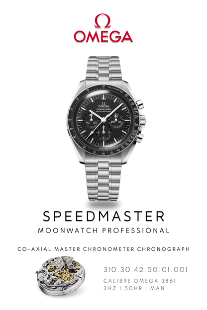 Omega Speedmaster stainless steel watch poster showcasing moon landing watch on steel bracelet and Calibre 3861 movement.