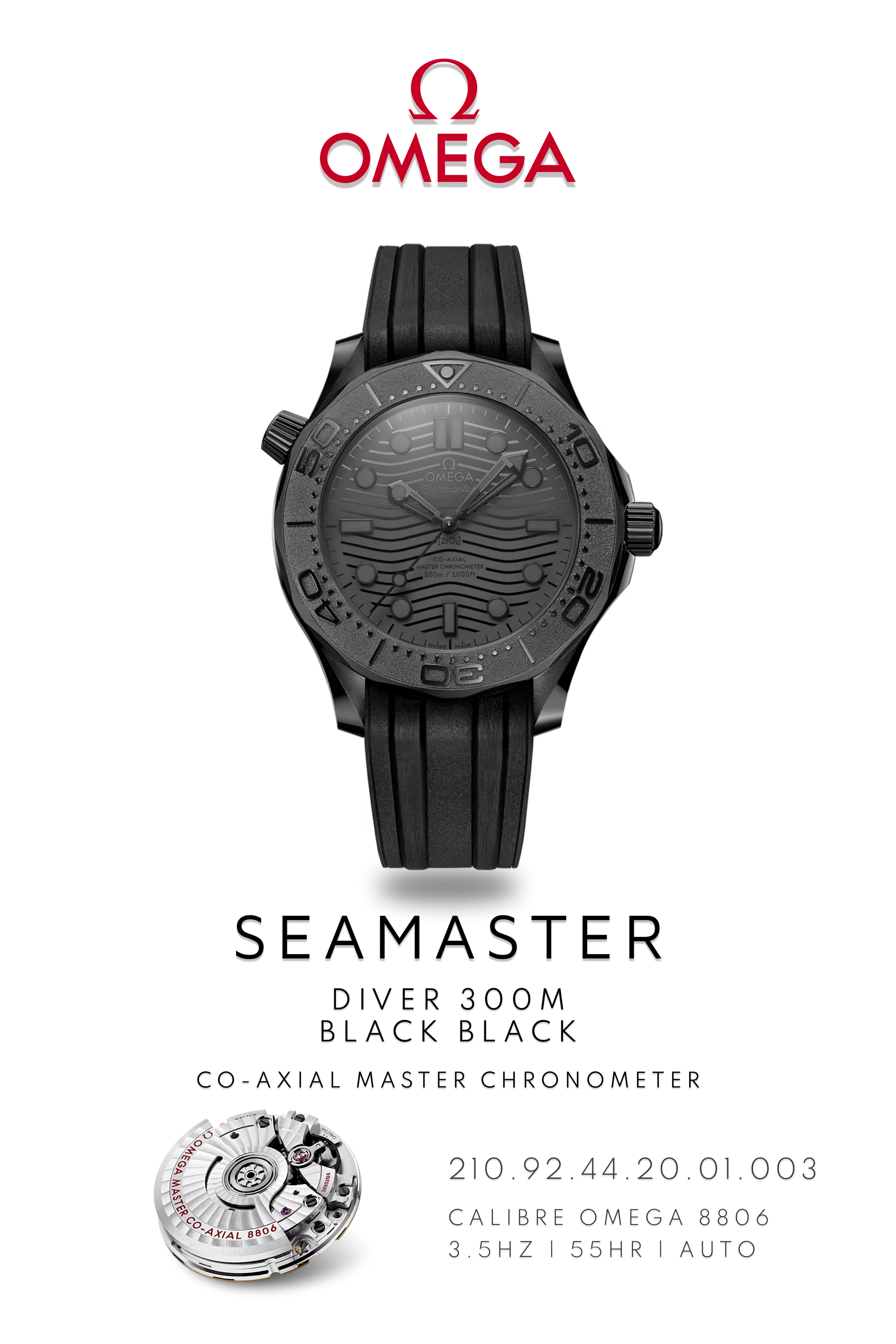 Omega Seamaster Diver 300M watch in black ceramic with black face on rubber strap. Watch Poster shows mechanical movement calibre 8806 and watch details