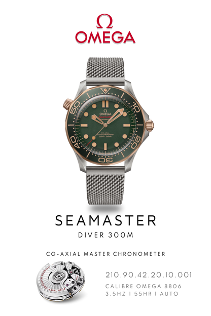 Omega Seamaster Diver 300M watch in stainless steel and titanium with green face on steel strap. Watch Poster shows mechanical movement calibre 8806 and watch details