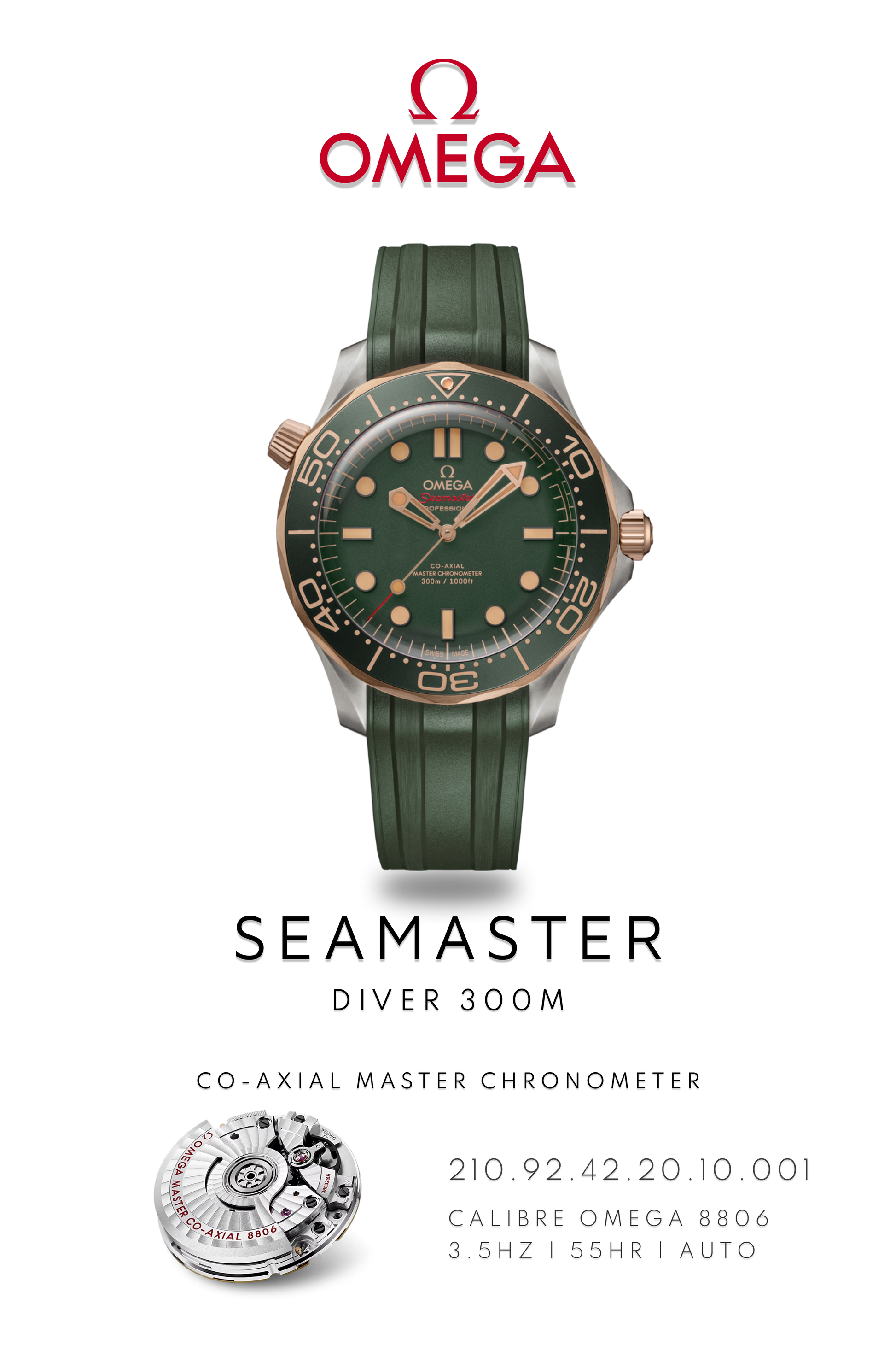 Omega Seamaster Diver 300M watch in titanium and bronze gold with green face on rubber bracelet. Watch Poster shows mechanical movement calibre 8806 and watch details