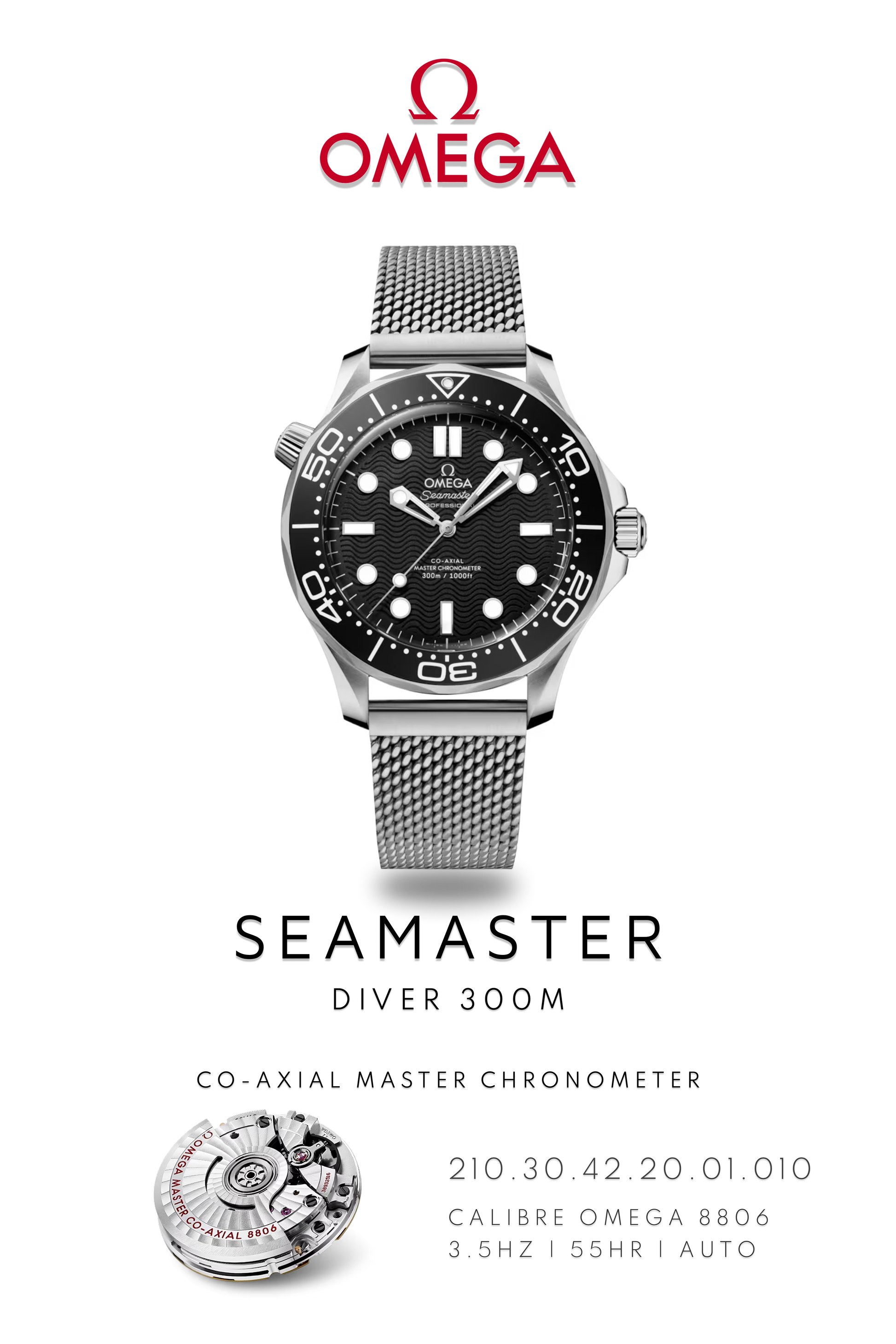 Omega Seamaster Diver 300M watch in stainless steel with black face on metal bracelet. Watch Poster shows mechanical movement calibre 8806 and watch details